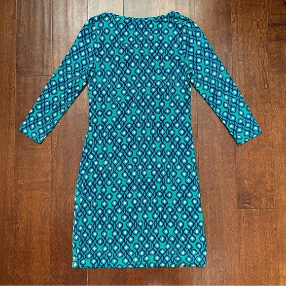 Boden Isobel Blue Geometric Tunic Dress with Grosgrain Ribbon Neckline, Size 2 - Picture 9 of 14